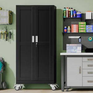 74.8"H Metal Garage Storage Cabinet Black with Wheels and 5 Adjustable Shelves
