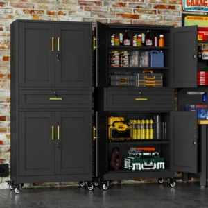Tall Metal Rolling Tool Garage Storage Cabinet with Wheels and Locking Door for Garage